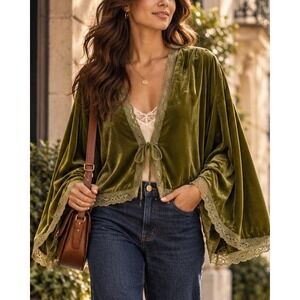Free People Velvet Moss Bed Jacket Green Lace Kimono Sleeve S NWT Boho Chic